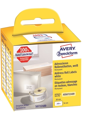 Etiqueta de dirección Avery en rollo de 89 x 36 mm, 260 unidades.